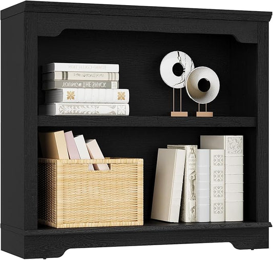 HIFYOBRO 2 Tier Bookshelf, 31.5" Wide Wooden Bookcase, 25.8" Tall Book Shelf, Freestanding Open Display Storage Bookshelves for Study Room, Home Office, Living Room (Black, 2-Shelf)