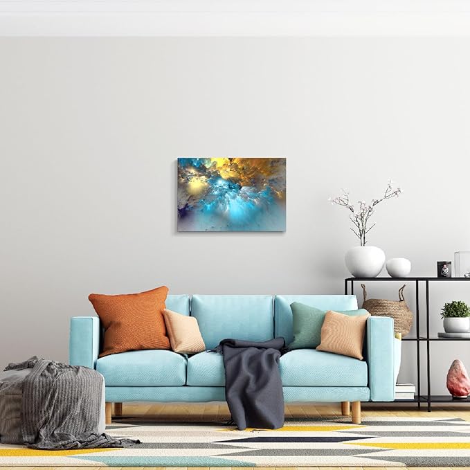 Golden Canvas Wall Art Blue Modern Abstract Painting Prints Colorful Smoke Billowing on White Background Framed Energetic Artwork Pictures for Living Room Bedroom Hallway Wall Decoration 30x20in