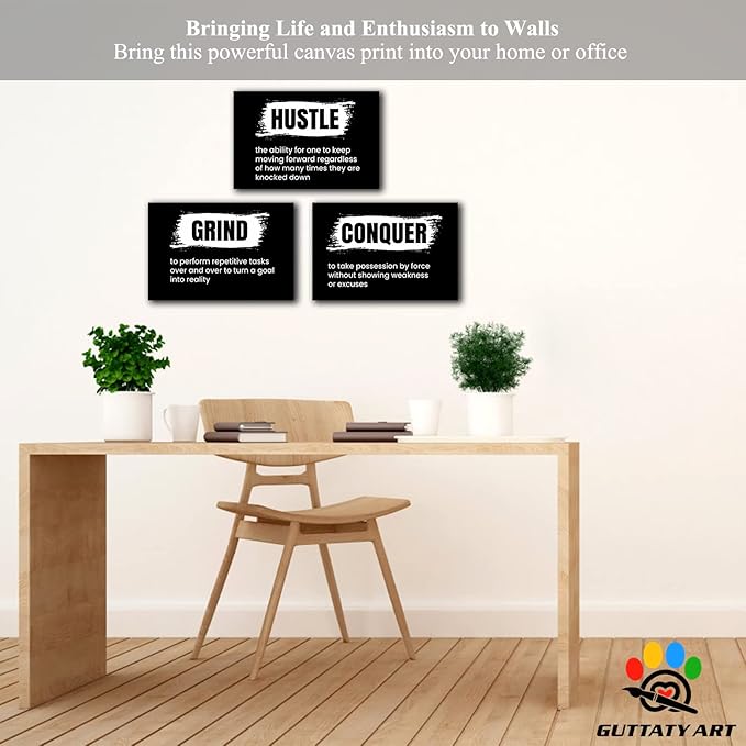Office Wall Art - 3 Panel Motivational Wall Art, Inspirational Quotes Canvas Art for Home Office Wall Decor, Positive Quotes Wall Decor, Entrepreneur Grind Hustle Execution Poster Frame (12”x18”x3Pcs)