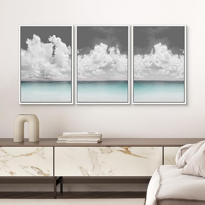 SIGNWIN 3 Piece Framed Canvas Wall Art Clouds Above The Blue Ocean Nature Wilderness Illustrations Abstract Traditional Relax/Calm Home Artwork Decoration for Living Room,Bedroom - 24"x36"x3 White