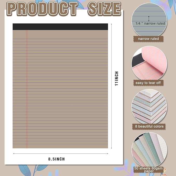 Fuutreo 8 Pcs 8.5'' x 11'' Colored Legal Pad 50 Sheets Per Writing Pads Narrow Ruled Notepad Perforated Writing Notepad Office Supplies for College Office Business (Pastel Color)
