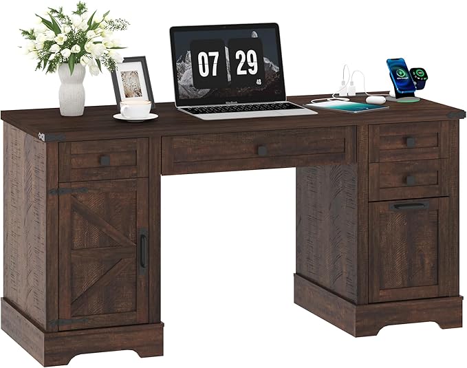 58'' Farmhouse Home Office Desk with Drawers, Wooden Executive Desk with Charging Station, File Drawers and Storage Cabinet, Computer Desk for Work, Study and Writing, Brown