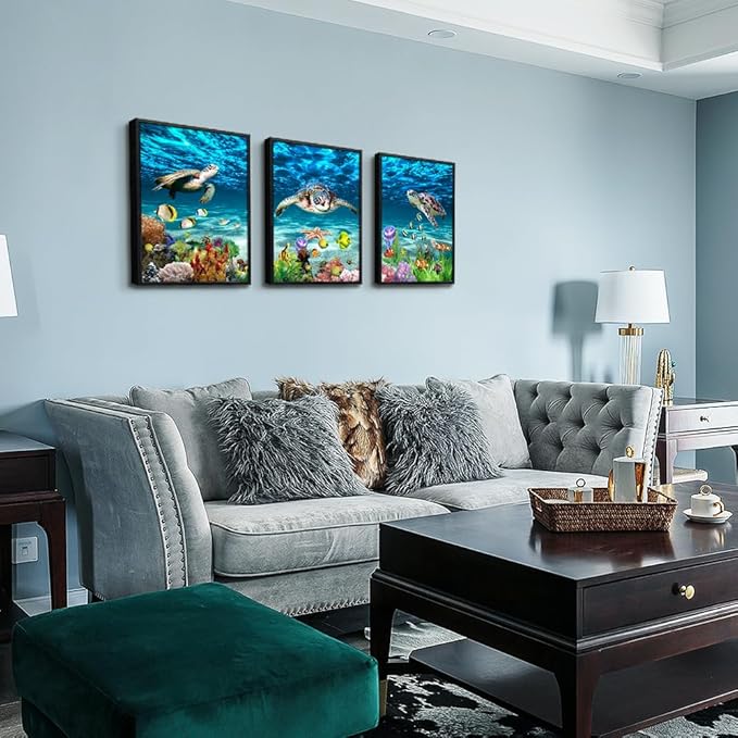 Black Framed Art Prints - Blue Ocean Sea Turtle Wall Art, 3 Piece Set for Living Room, Bedroom, Bathroom & Office Decor