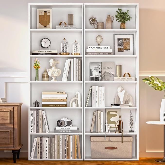 6-Tier Bookshelf & Bookcase Set of 2, Floor Standing Open Book Shelf, Wooden Display Storage Shelves with Anti-Tipping Device, 71" Tall Bookshelves for Bedroom, Living Room and Office, White