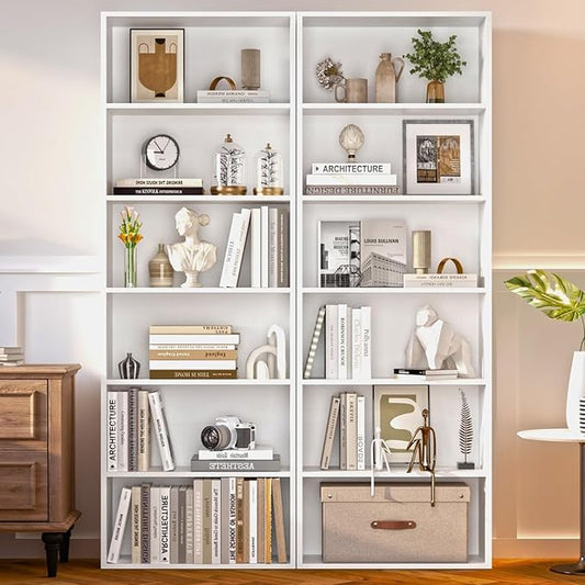 6-Tier Bookshelf & Bookcase Set of 2, Floor Standing Open Book Shelf, Wooden Display Storage Shelves with Anti-Tipping Device, 71" Tall Bookshelves for Bedroom, Living Room and Office, White