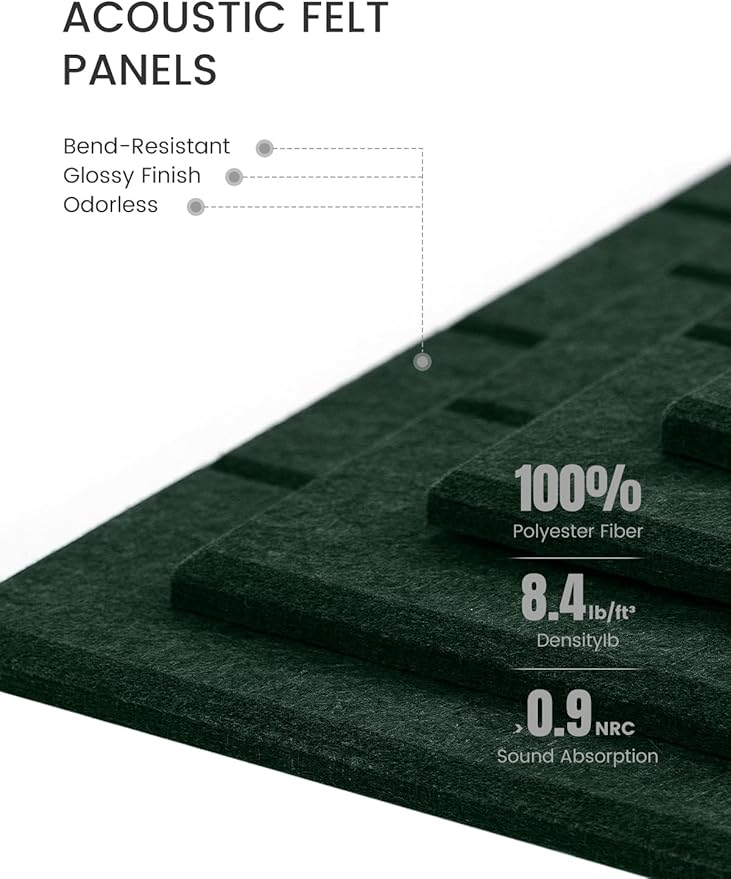 Bumusty Large Cork Board Alternative-48 x 36" Felt Bulletin Board Tiles, with 30 Pushpins, 70 Adhesive Tabs, 12-Pack Slat Wall Paneling, Cork Boards for Office Push Pin Board Felt Board-Pine Green