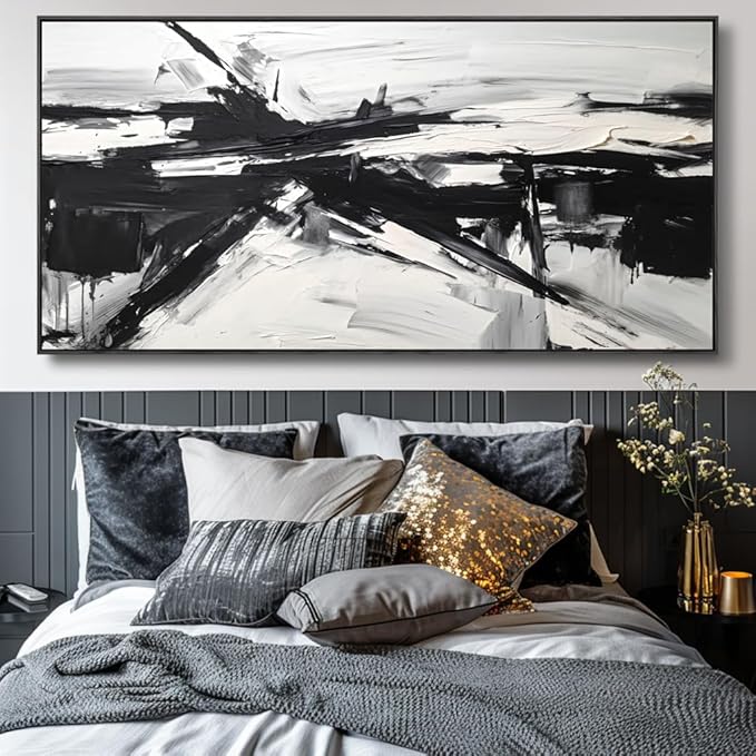 Wall Art Abstract Canvas Painting Black and White Modern Artwork for Living Room Bedroom Dining Room Home Office Decor 24"x48" with Framed