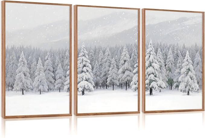CHDITB Snowy Christmas Pine Trees Framed Canvas Wall Art(16"x24"), 3 Panels Winter Forest Landscape Artwork Prints, Large Neutral Abstract Nature Evergreen Snow Scene Xmas Gift Decor for Home Office Bedroom