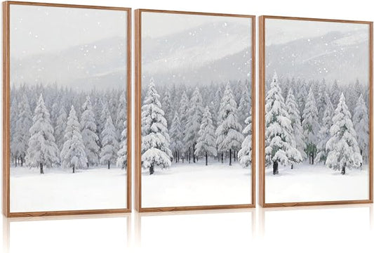 CHDITB Snowy Christmas Pine Trees Framed Canvas Wall Art(16"x24"), 3 Panels Winter Forest Landscape Artwork Prints, Large Neutral Abstract Nature Evergreen Snow Scene Xmas Gift Decor for Home Office Bedroom
