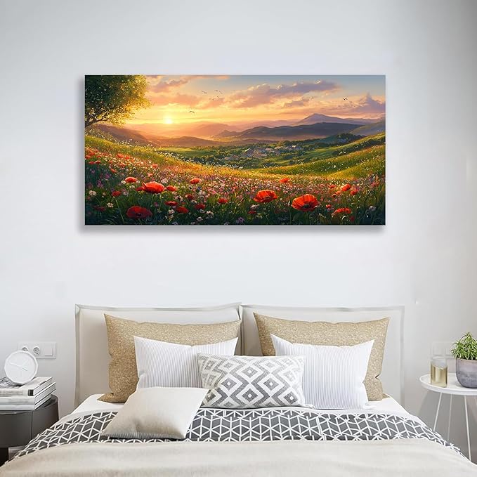 JLXART Wall Art for Living Room Decor Mountain Sunset Landscape Canvas Wall Art with Red Poppies Prints Nature Scenery Artwork Framed Size 24 x 48 in Ready to Hang