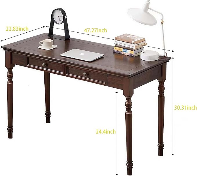 Walnut Writing Desks with Drawers, 47" Solid Wood French Country Style Computer Desk for Home Office, Living Room Study or Workspace