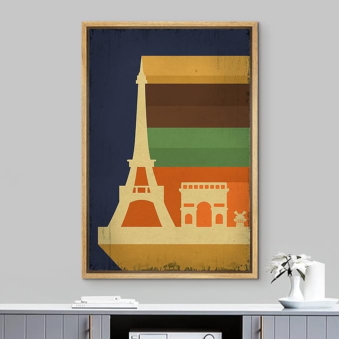 IDEA4WALL Framed Canvas Print Wall Art Retro Vintage French Eiffel Tower Poster Cultural Building Illustrations Modern Art Contemporary Scenic Warm for Living Room, Bedroom, Office - 24"x36" NATURAL