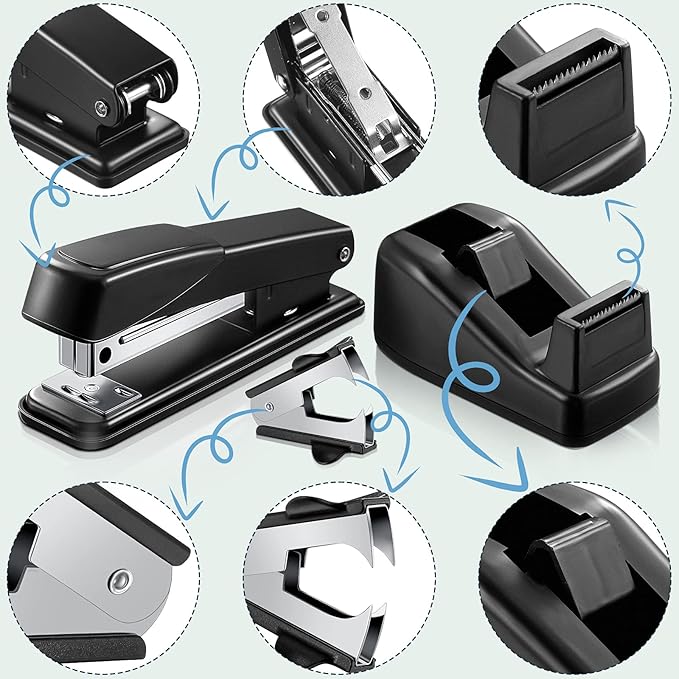 Tenare 7 Pcs Black Office Supplies Desk Accessory Kit, Stapler and Tape Dispenser Set with Stapler Remover, Single Hole Punch, Scissors, Telescopic Knife Keychain, Envelope Slitter Mail Opener