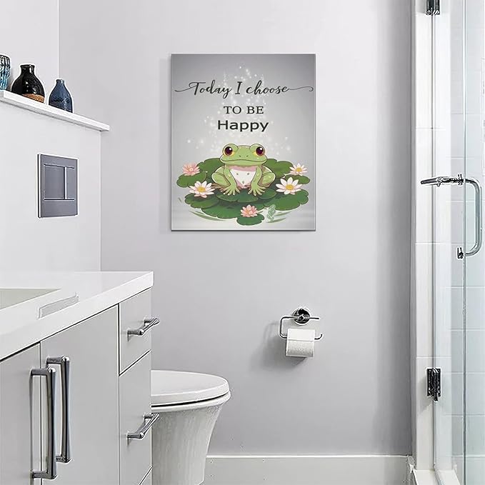 yerretin Frog Wall Art Funny Frog Lotus Pictures Wall Decor Flower Canvas Painting Modern Artwork Home Decorations for Bathroom Living Room Bedroom Office Framed 16"x20"