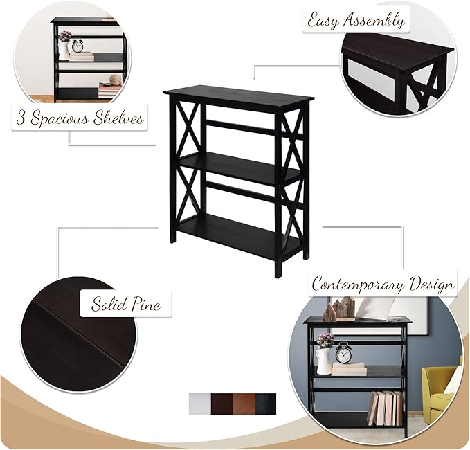 Montego 3-Shelf Bookcase-Espresso