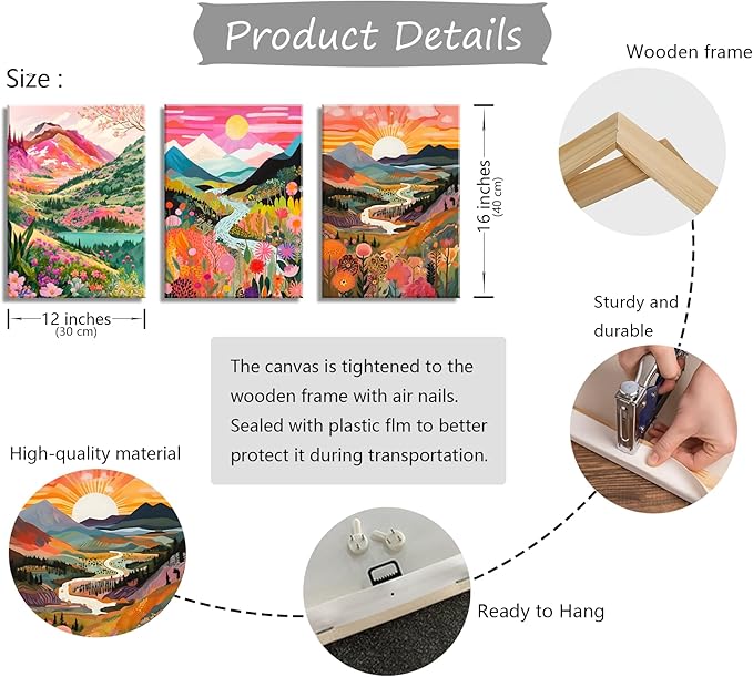3Pcs Colorful Watercolor Mountain Canvas Wall Art Boho Floral Painting Picture Wall Decor Abstract Nature Landscape Poster Print Artwork for Living Room Bedroom Bathroom Office Home Decoration 12x16in