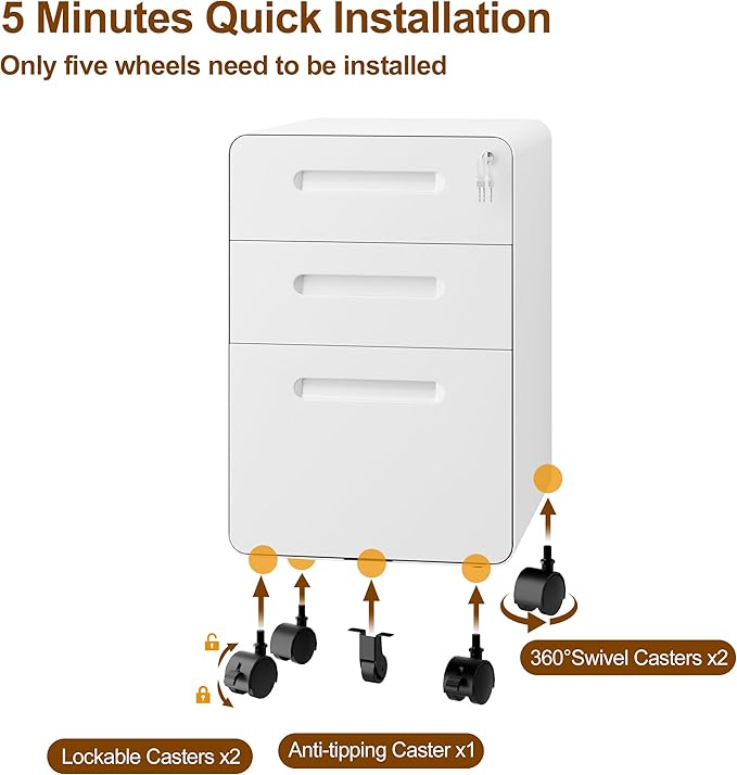 3 Drawers File Cabinet, Mobile Filing Cabinet with Lock, with 25 File Folders, Steel, Fully Assembled Except Casters, for Home Office, White