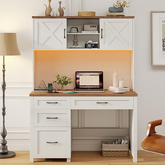 Farmhouse 67" H Executive Desk with Hutch,Computer Desk with 4 Drawers and LED light, Office table with Storage Cabinet & File Drawers and Charging Station, Workstation for Home Office and Study