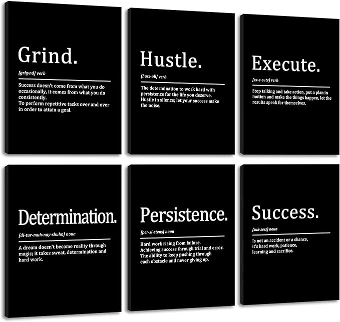 COSCTOR Set of 6 Grind Hustle Execute Determination Persistence Success Motivational Wall Art Picture Decor Canvas Framed for Office Workplace Gym Garage Inspirational Home Posters Ready to Hang(Framed,12x16)
