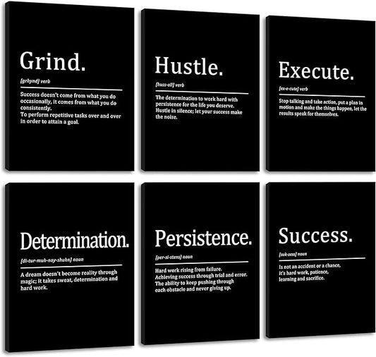 COSCTOR Set of 6 Grind Hustle Execute Determination Persistence Success Motivational Wall Art Picture Decor Canvas Framed for Office Workplace Gym Garage Inspirational Home Posters Ready to Hang(Framed,12x16)