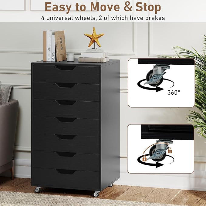 7 Drawer File Cabinet, 34.5" Vertical Storage Drawer Cart, Under Desk Office Organizer, Wooden Printer Stand, Rolling Filing Cabinet for Home Office (Black)