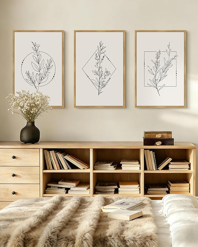 Drsoum Minimalist Flower Wall Art Vintage Wall Hanging Decor Black Line Botanical Prints Artwork for Bedroom Living Room Hallway 16x24in Natural Framed