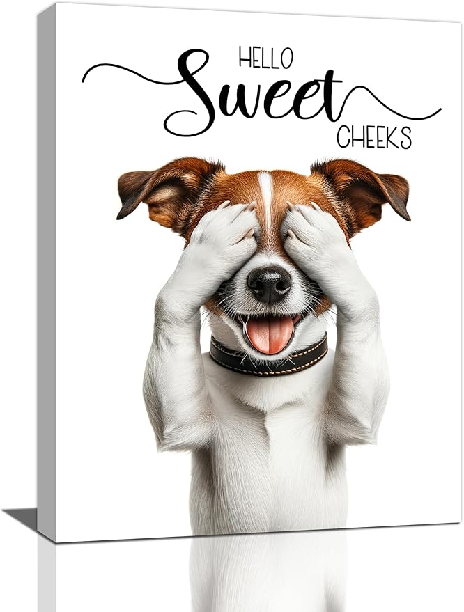 Bathroom Dog Wall Art Funny Dog Bathroom Pictures Wall Decor Hello Sweet Cheeks Toilet Bathroom Canvas Painting Home Modern Artwork Decorations Framed for Restroom 16 x 20 inch