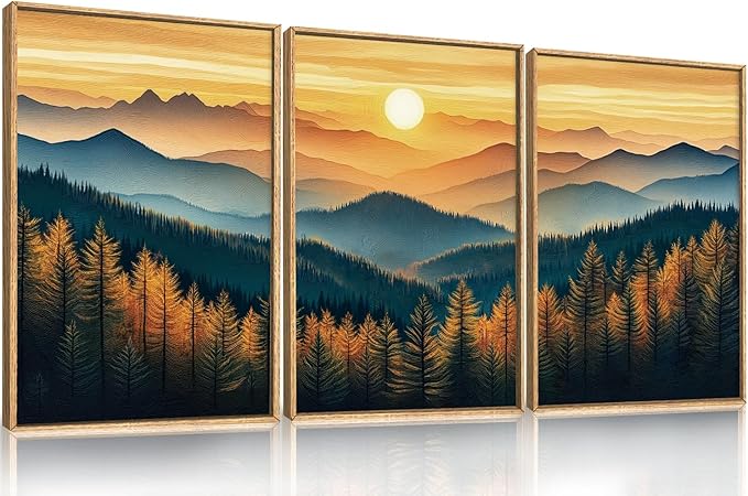 Large Boho Sunrise Mountain Framed Canvas Wall Art,Abstract Nature Forest Wall Decor,Foggy Pine Tree Painting,Retro Landscape Artwork for Living Room,Bedroom,Dining Room,Office -16"x24"x3