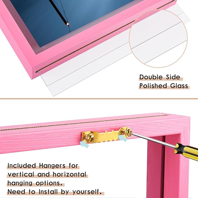 MUYE 11x14 Floating Frame Set of 2,Double Real Glass Photo Frame,Display Any Size Photo up to 11x14,Wall Mount or Tabletop Standing,Pink