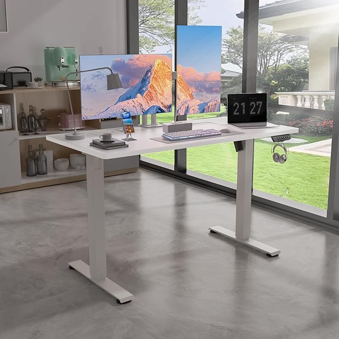 48" x 24" Electric Standing Desk, Adjustable Height Sit Stand Desk with 3 Preset Heights & 2 Hook, Electric Desk for Home Office Gaming, White