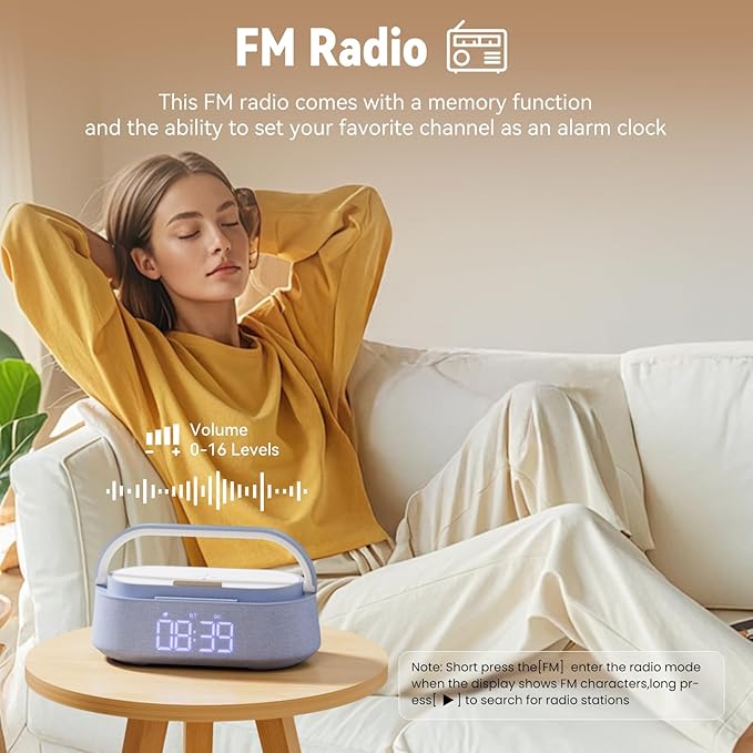 FREEFISH 6-in-1 Bluetooth Speaker with Wireless Charging, FM Radio,Bedrooms Dimmable Nights Light, Snooze Function for Home, Office, Wireless Charger Compatible iPhones 16/15/14/13/12