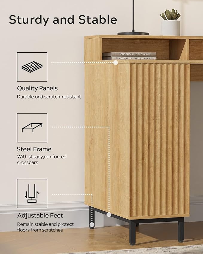 Fluted Executive Desk with Charging Station, 55" Modern Wood Office Desk with Monitor Stand & File Drawer, Home Writing Study Computer Table for Work Study, Natural Oak