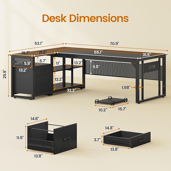 71 in Executive Desk with Power Outlets, Reversible L Shaped Computer Desk with File Drawers & Storage Shelves, Large Office Desk with Pegboard, Mobile CPU Stand, Modern Corner Desk (Walnut)