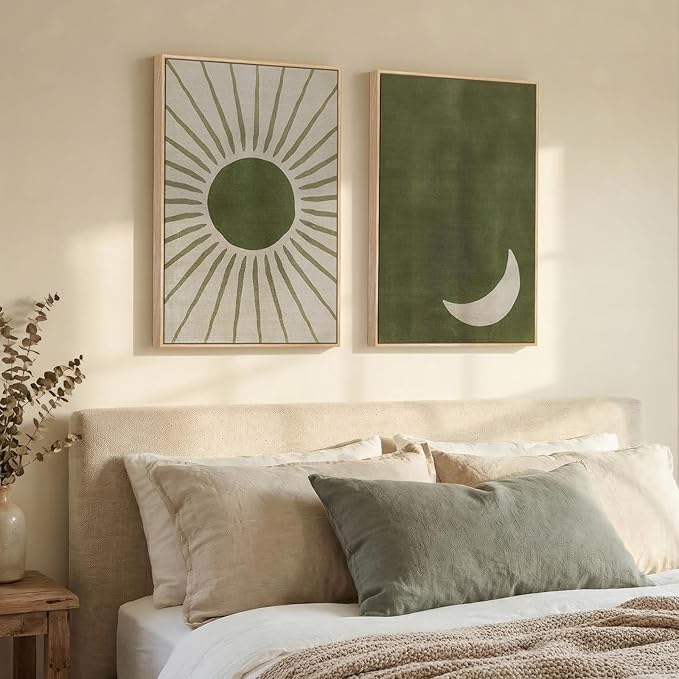 Framed Green Boho Abstract Wall Art Set of 2 for Living Room, Sun and Moon Minimalist Bohemian Canvas Artwork for Walls, Mid Century Modern Painting Print Wall Decor for Bedroom Home Office, 16x24 In