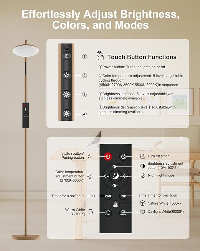 LED Floor Lamp, 36W Super Bright Standing Lamp with Remote & Touch Control, 69" Stepless Dimmable Torchiere Tall Lamp, 350° Rotating Head Floor Lamp for Bedroom, Living Room, Office, Brown
