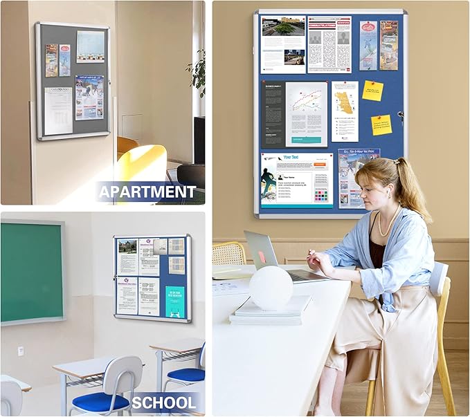 Swansea Blue Fabric Lockable Noticeboard Enclosed Pin Bulletin Board Glass Display Case for Wall Office School 6xA4