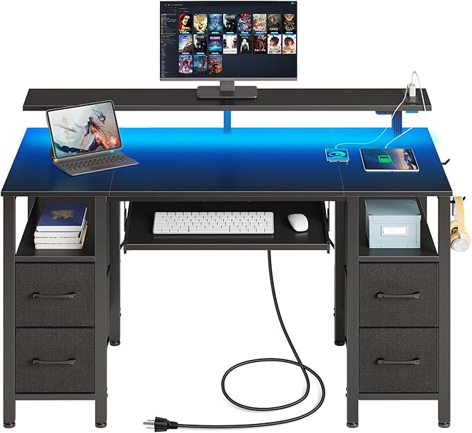 Seventable Computer Desk 47.2" with LED Lights & Power Outlets, Home Office Desk with 4 Drawers, Writing Desk with Keyboard Tray, Study Table with Monitor Stand, Work Desks for Home Office, Black