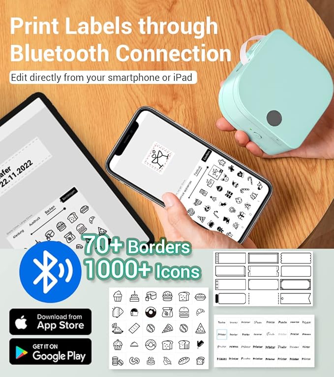 Phomemo P12 Label Maker Machine with 6 Tape, Colored Label Tapes(Green/Blue/Pink/Yellow/Black on White) Bluetooth Label Printer with Label Tape Perfect for Home, Office, School