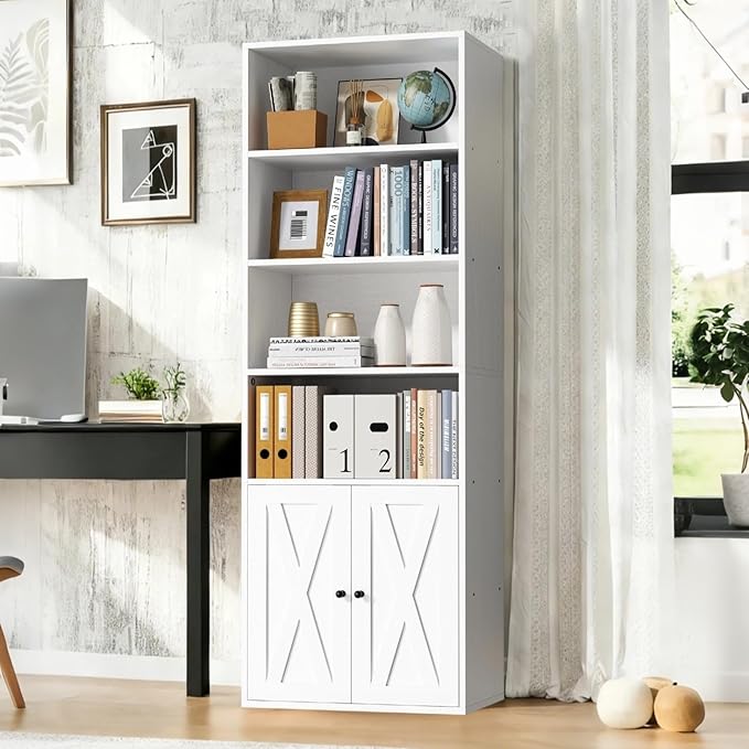 Vongrasig 6-Tier Open Bookcase and Bookshelf with Doors, Floor Standing Farmhouse Display Storage Shelves 71 Inch Wood Tall Bookcase for Home Office, Living Room, Bed Room, White