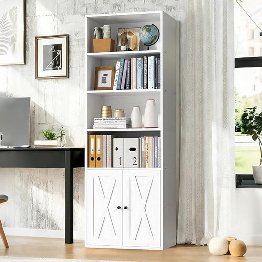 Vongrasig 6-Tier Open Bookcase and Bookshelf with Doors, Floor Standing Farmhouse Display Storage Shelves 71 Inch Wood Tall Bookcase for Home Office, Living Room, Bed Room, White
