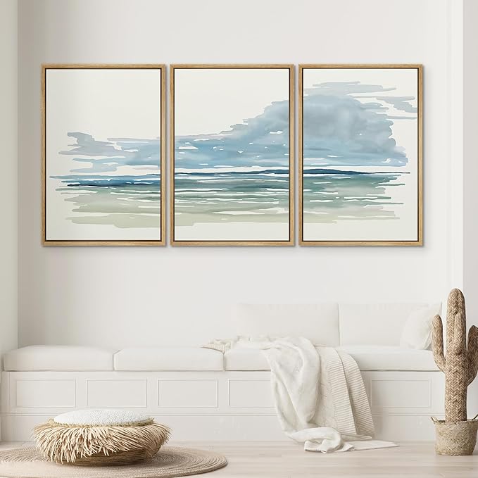 SIGNWIN Framed Canvas Print Wall Art Set Coastal Horizon Watercolor Blue and Green Abstract Ocean Illustrations Modern Art Decorative Abstract for Living Room, Bedroom, Office - 16"x24"x3 Natural