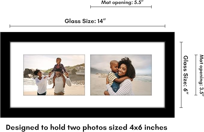 Americanflat 4x6 Double Picture Frame with Shatter-Resistant Glass - Fits Two 4x6 Photos or use as One 6x14 Frame - Signature Collection - Collage Frames for Tabletop and Wall Display - Black