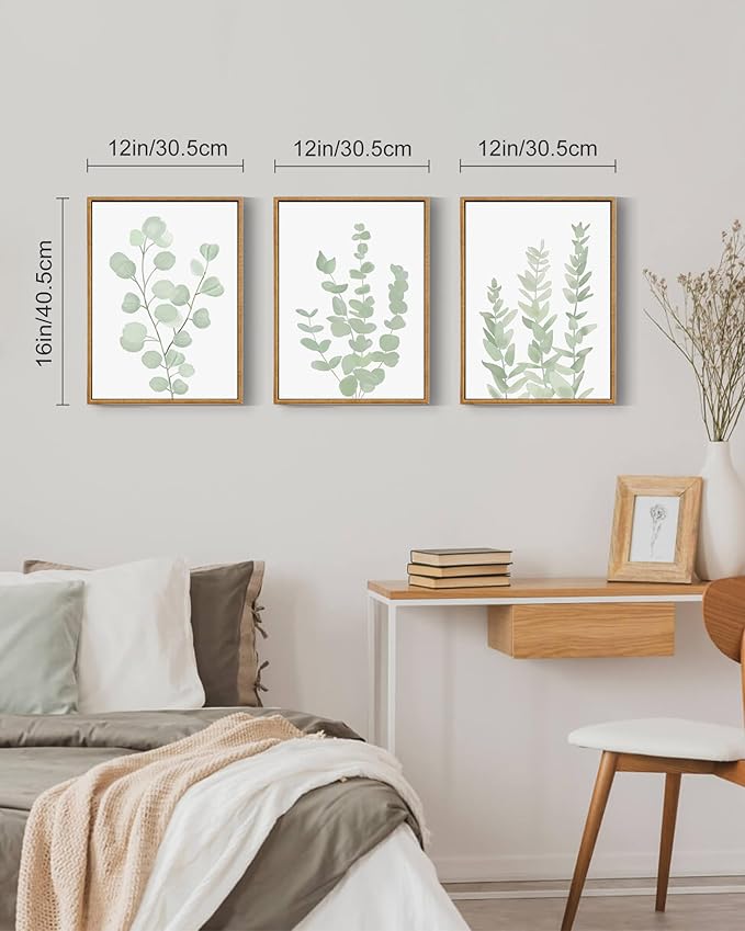 Drsoum Framed Botanical Plant Canvas Wood Wall Art Light Green Sage Wall Decor Eucalyptus Leaf Picture for Bedroom Living Room Bathroom Office 12”x 16” x 3pcs