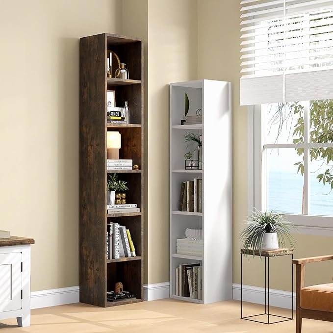 MXV Narrow Bookshelf, 6-Tier Open Bookcase, Coner Shelf, Storage Shelves, Display Storage Shelves, Floor Standing Unit, Home Decor, Furniture for Home Office, Living Room, Bedroom, Brown