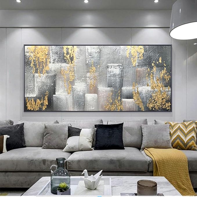 ZHMANLUCK Modern Abstract Extra Large Home Office Decor Paintings Oil Painting Landscape Painting On Canvas Art Gray Gold Foil Artwork 90x180cm/(35x71inch) with-Black-Frame