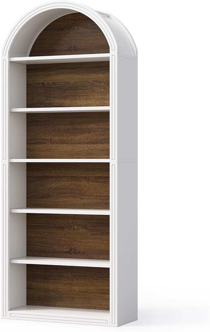 LITTLE TREE 6-Tier Bookcase, 77" Tall Bookshelf with Arched Top, Large Freestanding Wooden Open Bookcase Bookshelf, Modern Display Book Shelf for Living Room, Bedroom, Office, Library, White Brown