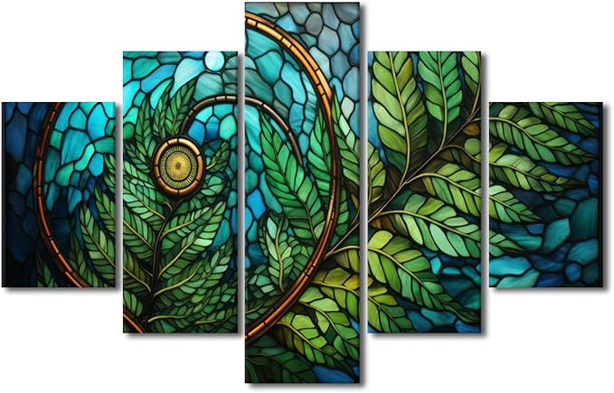 Canvas Wall Art for Home Modern 5 Panel Canvas Poster Stained Glass Style Canvas Wall Art Spiral Green Leaf Picture Prints for Living Room Decoration Stretched and Framed Ready to Hang 60x40 in
