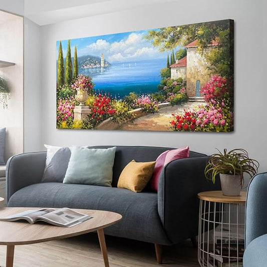 Arjun Landscape Wall Art Mediterranean Seascape Painting Tree Pink Flower Blue Ocean Picture Modern Scenery Green Artwork Large Framed for Living Room Bedroom Bathroom Home Office Wall Decor, 48"x24"