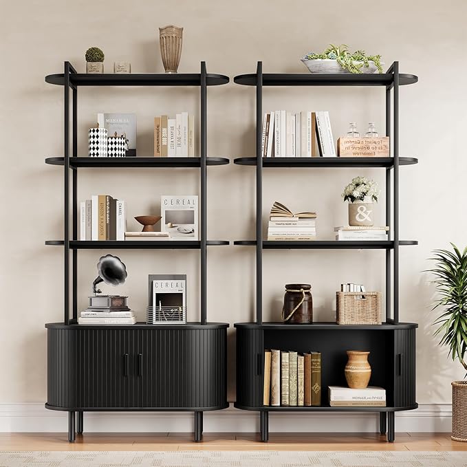 5 Tier Tall Bookshelf with Cabinet, Fluted Bookcase with Sliding Door, Metal and Wood Display Shelf, Free Standing Storage Shelving Unit, Corner Storage Organizer for Living Room, Home Office, Black