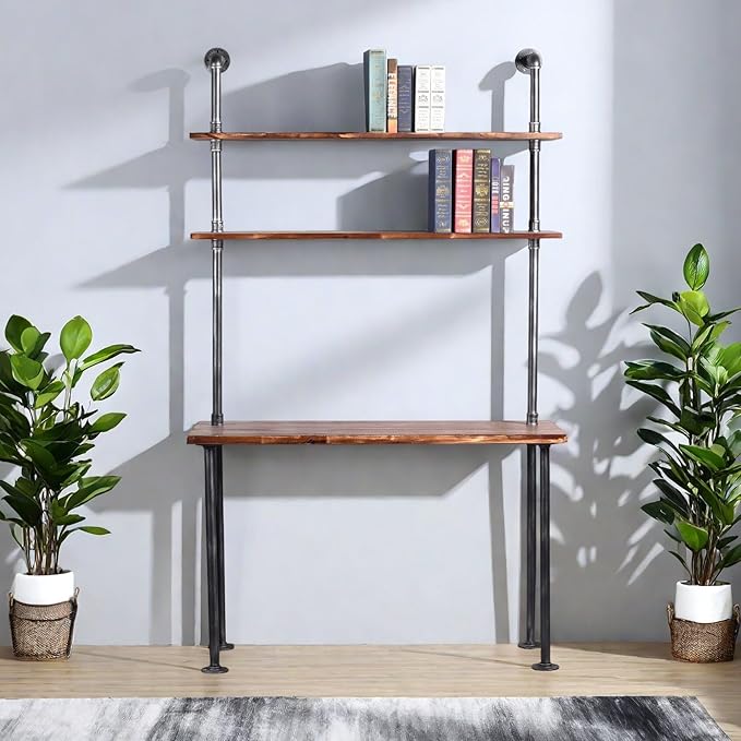 Diwhy Industrial Style Office Decor,Computer Desk 47.2"×20"×79" with 2-Tier Storage Pipe Shelves,Bookshelf Laptop Desk,Studying Writing Table Workstation with Hutch for Home Ofiice
